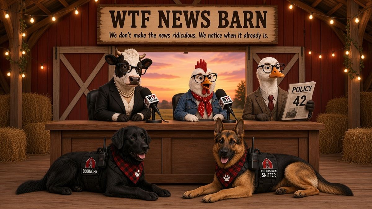 Cow, Chicken and Goose at the barn news desk, with Bouncer and Sniffer on guard