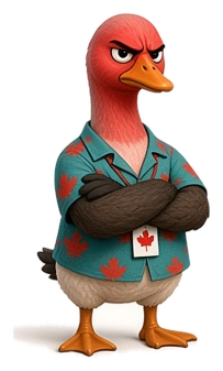 Snowbird, sunburned and annoyed, in a maple-leaf vacation shirt